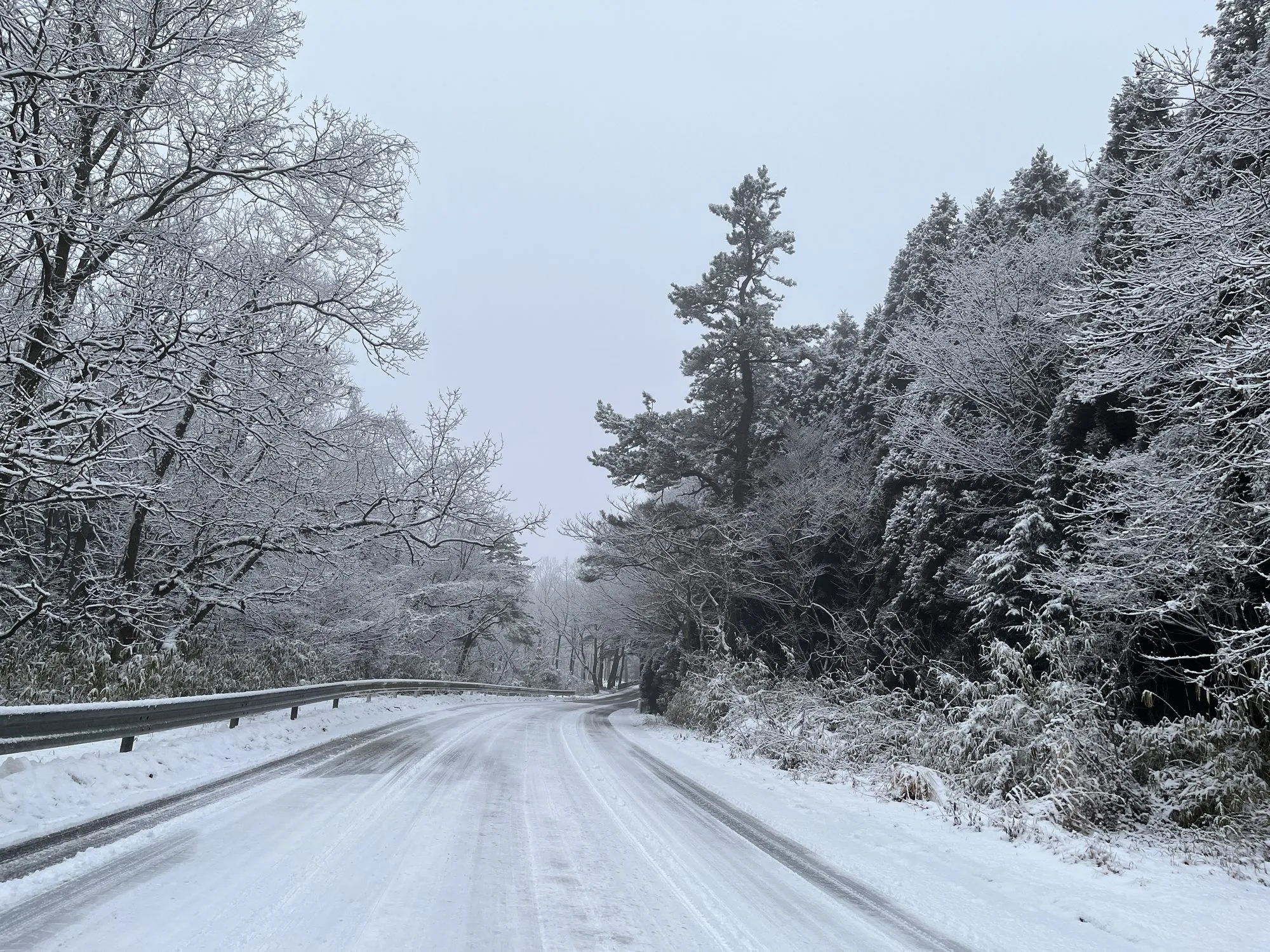 A wider two-lane mountain road with packed snow and multiple sets of tyre tracks, guardrail along one side